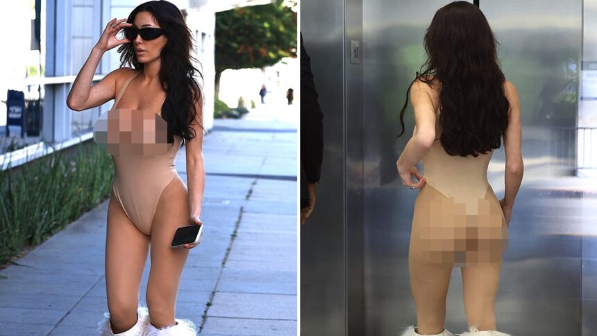 Bianca Censori îmbracă un body nude adânc și cizme pufoase albe la o sesiune de relaxare la spa 1 bianca censori wears plunging nude bodysuit white furry boots to spa treatment 6851cc29a70e5