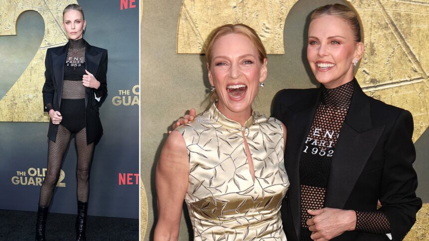 charlize ditches pants for racy red carpet look at the old guard 2 premiere with uma thurman 685cd964c872f