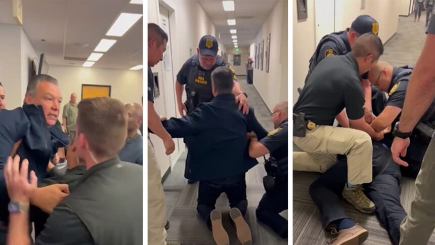 Senatorul Îndepărtat cu Forța și Retinut în Timpul Conferinței de Presă a Secretarului DHS, Noem, la Los Angeles, Capturat pe Film 1 senator physically ejected detained at dhs secretary noems l a press conference on camera 684b2da726e11