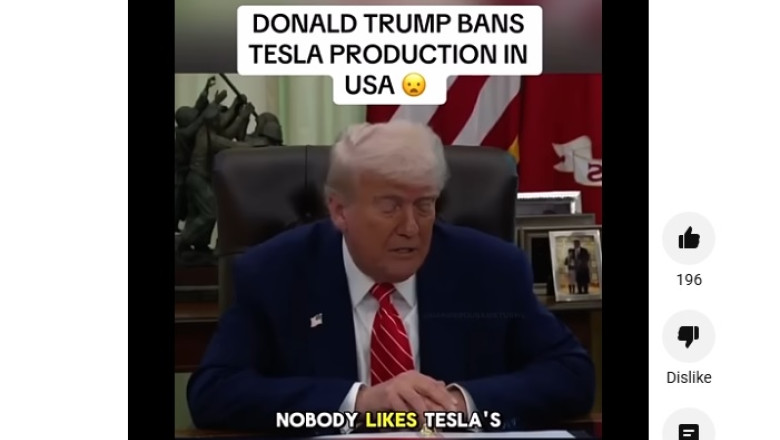 „Trump anunță suspendarea fabricării vehiculelor Tesla în SUA: un clip fals care a făcut valuri, creat cu tehnologia AI” 1 video trump decide oprirea productiei de masini tesla in sua videoclipul fake news care a devenit viral a fost generat cu ajutorul ai 6847014cdb4af