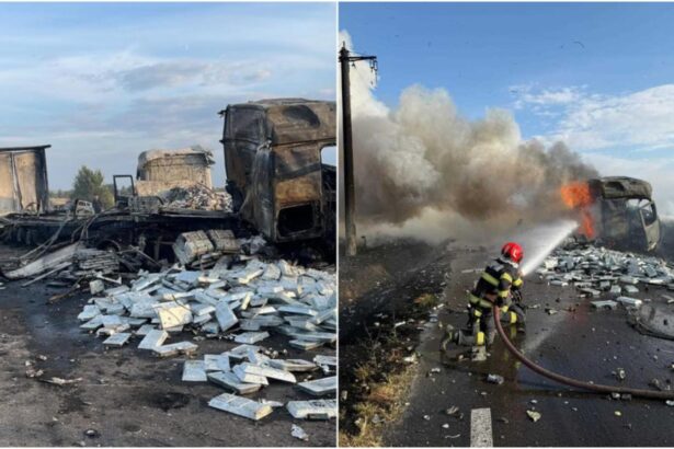 trafic blocat pe dn56 a in judetul mehedinti doua camioane si un autoturism au luat foc dupa ce s au ciocnit violent 68dbfcaca9ba9