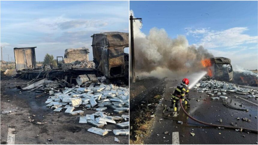 Accident devastator pe DN56A în Mehedinți: două camioane și un autoturism în flăcări după o coliziune violentă 1 trafic blocat pe dn56 a in judetul mehedinti doua camioane si un autoturism au luat foc dupa ce s au ciocnit violent 68dbfcaca9ba9