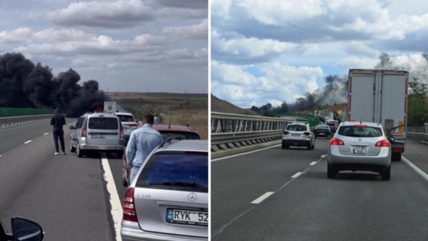 A2 blocată de un incendiu la un TIR plin cu granule de plastic 1 trafic paralizat pe a2 dupa ce un tir incarcat cu granule de plastic a fost cuprins de flacari 68d6b88ee51c3