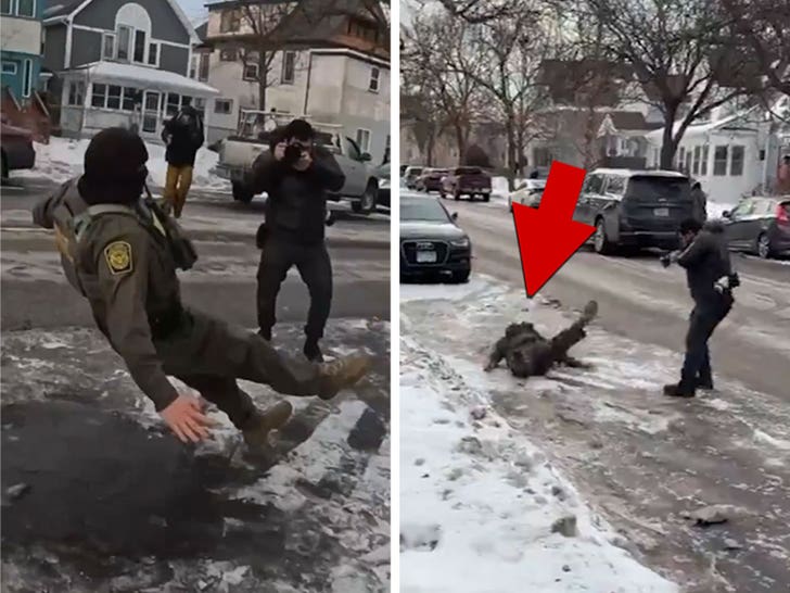 Agent ICE alunecă amuzant pe gheață în Minnesota 1 ice agent hilariously slips on ice in minnesota ironic spill caught on video 69651c9048e53